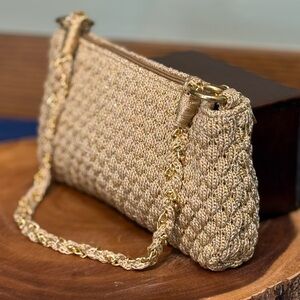 The Sak Beige & Gold Crochet Shoulder Bag | Braided Chain Clutch Purse